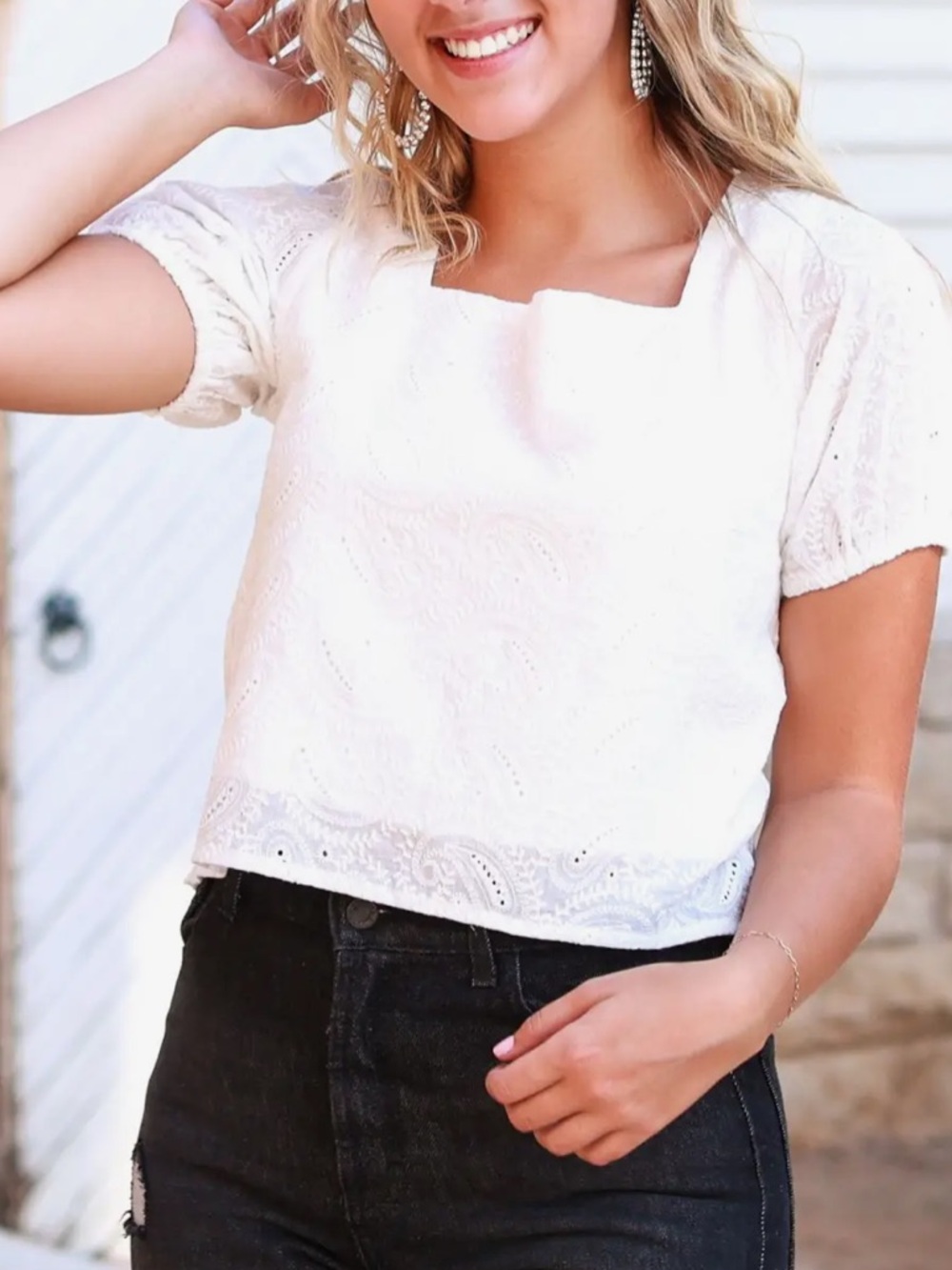White Eyelet Square-Neck Blouse with Puff Sleeves